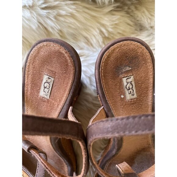 UGG Women's Leather & Woven Straw Wedge Espadrille Sandals Brown Size 7 - Picture 2 of 11